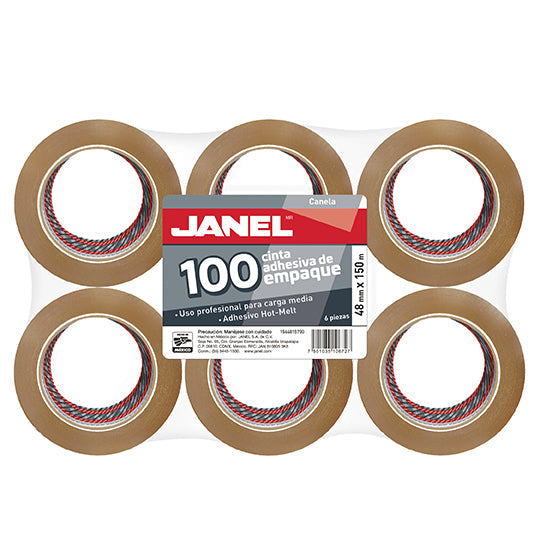 Cinta de Empaque Janel Canela de 48mm x 150m - Paquete con 6 piezas